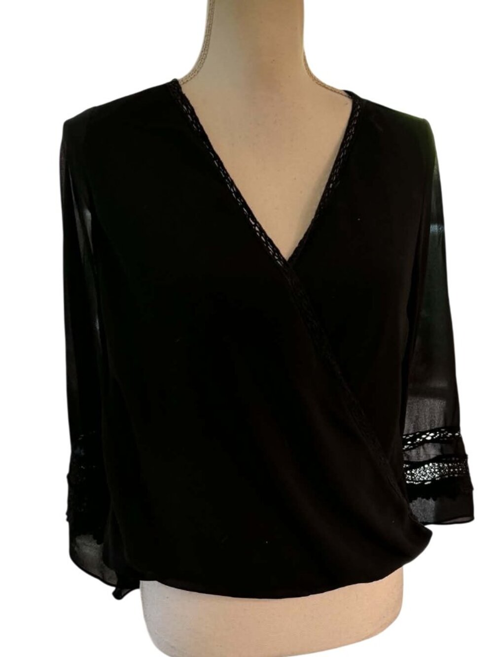 A. Byer Black Surplice Faux Wrap Blouse